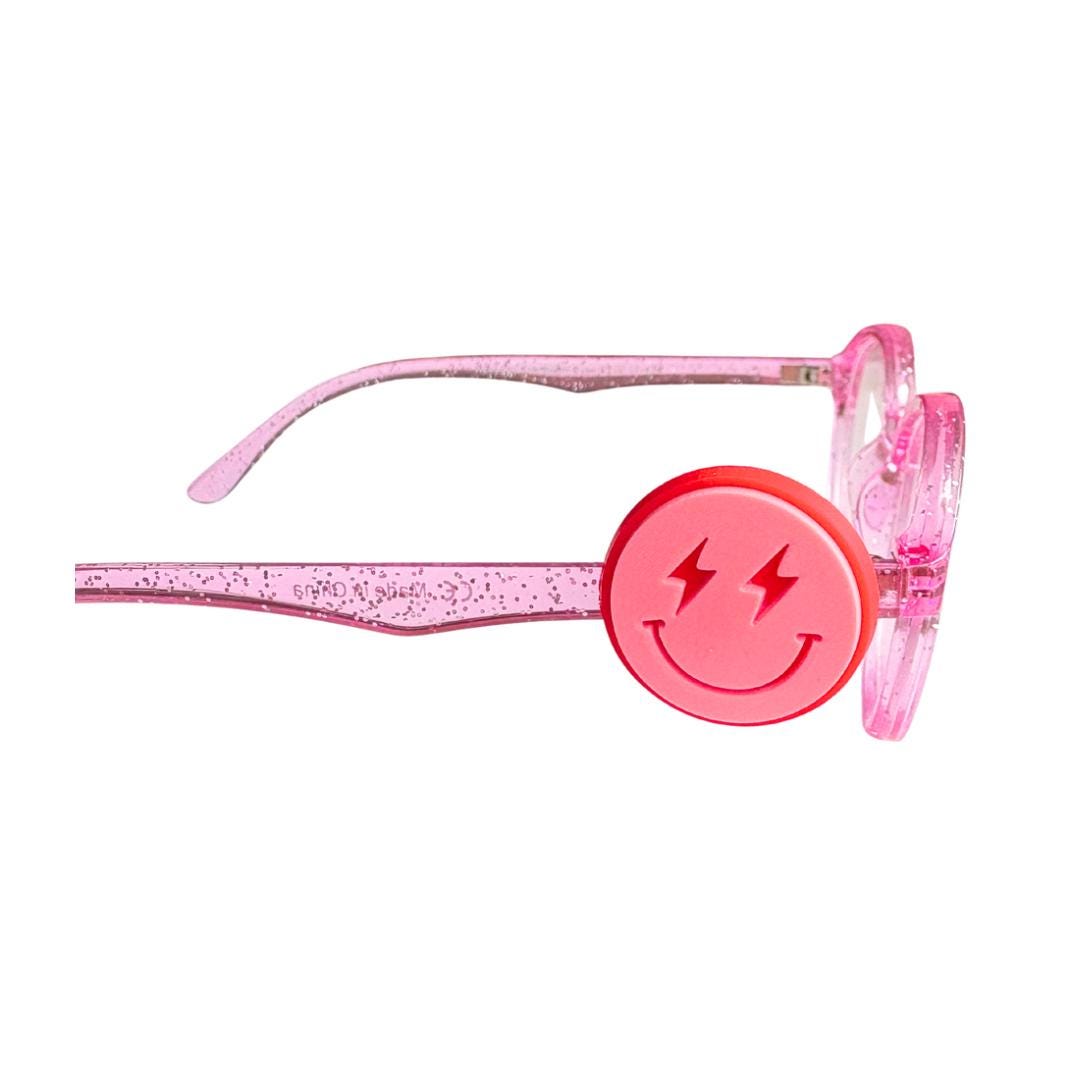 Pink Smiley Face Lightning Eyes Glasses Charm for Kids: Fun Eyeglass Accessory